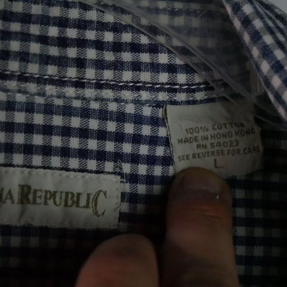 Banana Republic Men's Size L Pearl Snap Plaid Blue Short-Sleeve Button Down